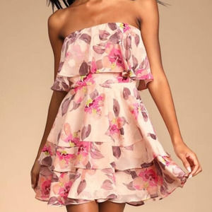 Lulu's Perfect Paradise Pink Floral Print Jacquard Strapless Mini Dress
